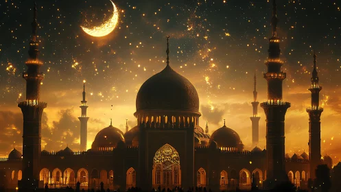 Golden night sky over grand mosque with glowing crescent
