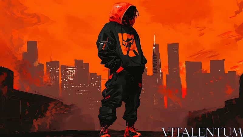 Streetwear figure against neon orange city skyline.
