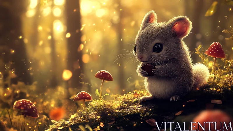 Tiny forest mouse with acorn amid glowing mushrooms.