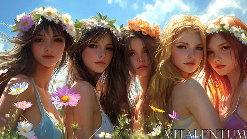 Five flower-crowned girls in bright meadow sunlight portrait