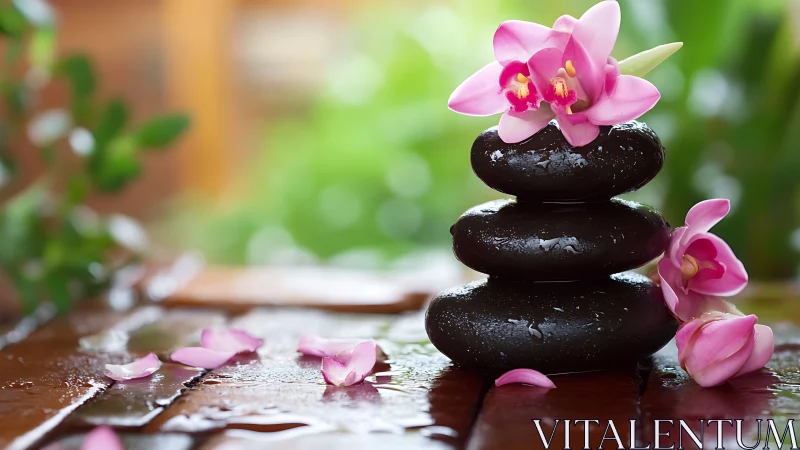 Zen stones and pink orchids create tranquil spa mood.