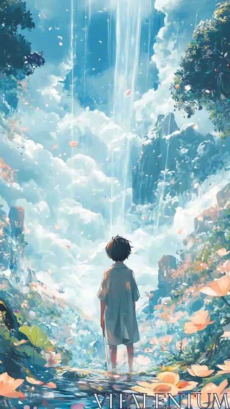 Child standing in shallow stream below tall misty waterfall.