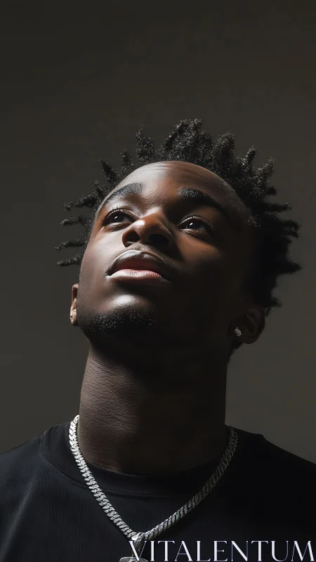 Low key portrait with upward gaze and sculpted side lighting.