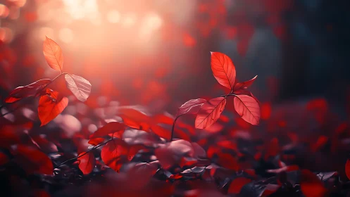 Red leaves in shallow focus under strong backlighting glow