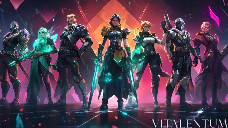 Elite cyber fantasy squad under neon crystalline light field.