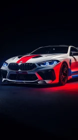 Track-spec BMW coupe under tri-chromatic LED accent lighting.