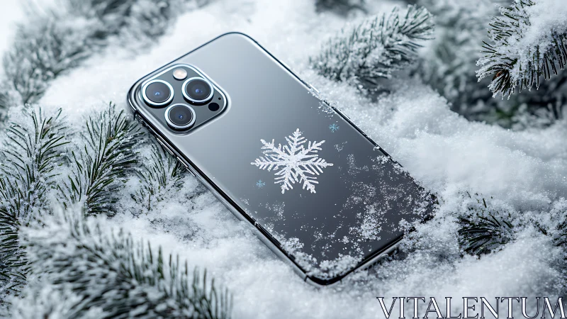 Premium smartphone in snow with winter aesthetic details.