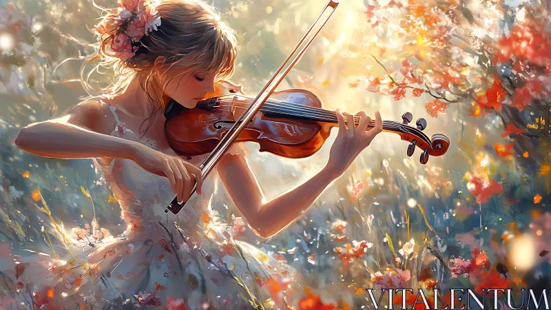Young violinist in floral dress playing in glowing garden.