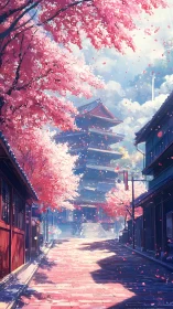 Cherry tree lined street leading to distant pagoda tower.