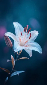 White Lily with Red Stamens Against Deep Blue Background.