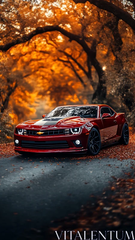 Crimson sports car glows along a quiet autumn forest road