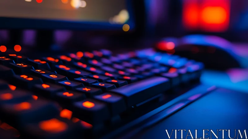 Backlit gaming keyboard and mouse in neon room light.