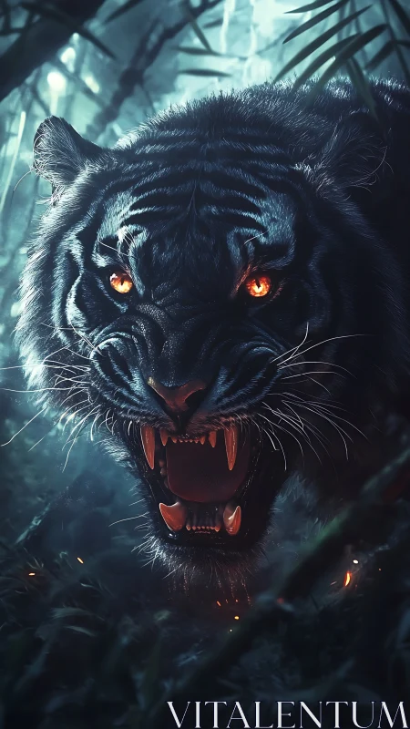 Digital painting of roaring black tiger with infernal gaze.