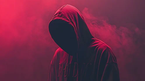 Hooded figure stands shrouded in red smoke and deep shadow