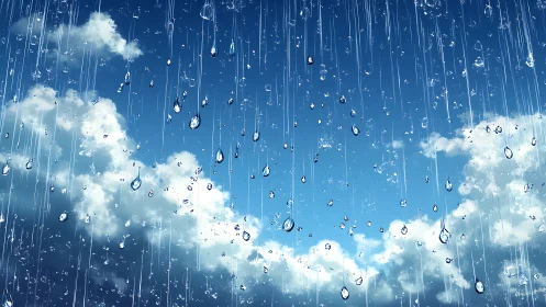 Rainfall against bright blue sky and scattered clouds.