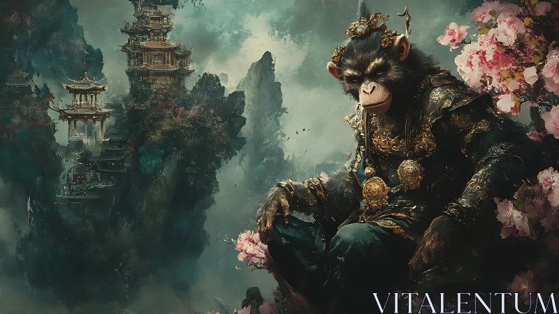 Regal monkey warrior amid misty floating temples panorama.