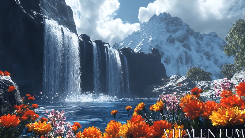 Mountain waterfall cascades into alpine pool amid vivid flora