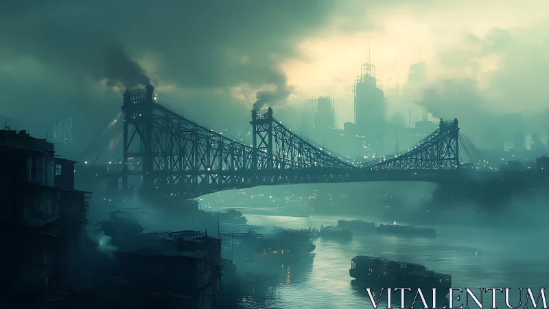 Fog-drenched industrial bridge spans dystopian riverside skyline