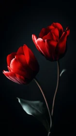 Two red tulips backlit against dark background with stems
