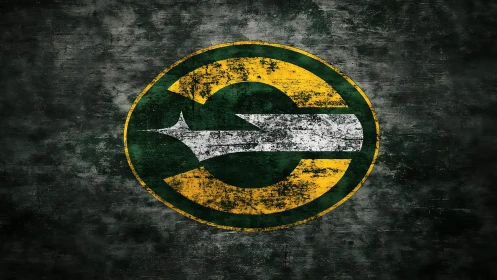 Grunge sports emblem forms weathered circle on dark wall