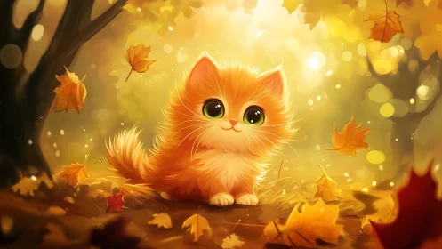 Orange feline figure positioned in autumn leaf environment with atmospheric lighting