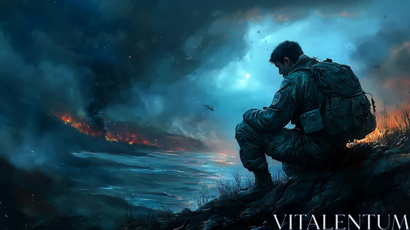 Soldier sits alone by burning battlefield shoreline at dusk.