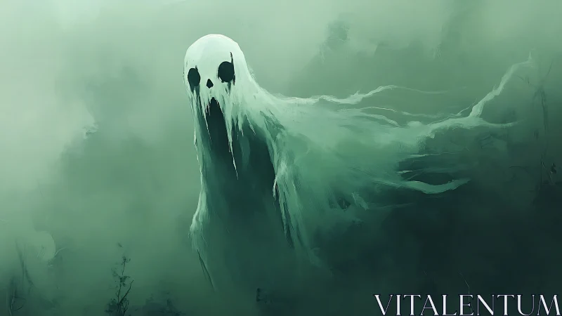 Ghostly white figure drifts through dense green mist
