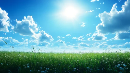 High noon sun over verdant meadow with cumulus cloud field