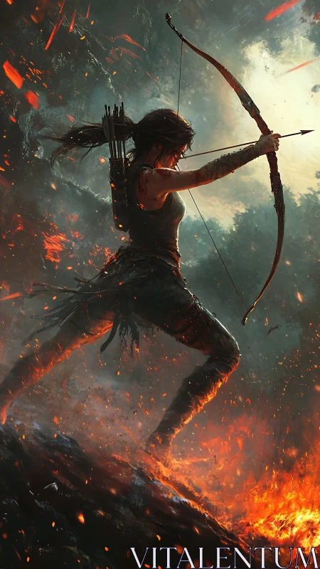Dynamic archer silhouette framed by volcanic fire and backlit ash