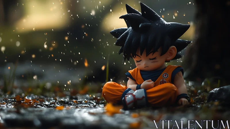 Meditating anime child figure in rainy forest clearing.