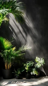 Lush indoor tropical plants cast bold shadows on concrete wall.