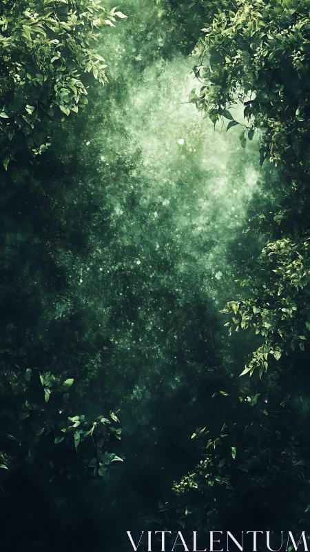 Forest Canopy Light Path Through Dense Green Foliage