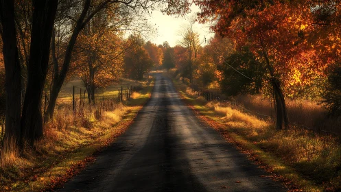 Rural asphalt road under golden autumn backlight perspective.