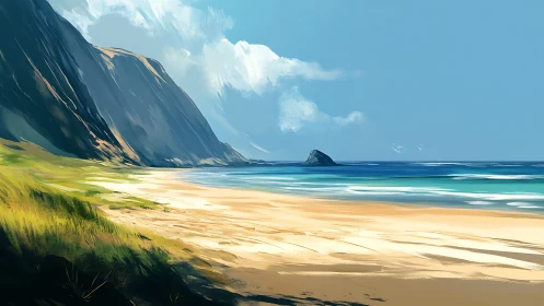 Coastal landscape with cliff formation and sandy beach.