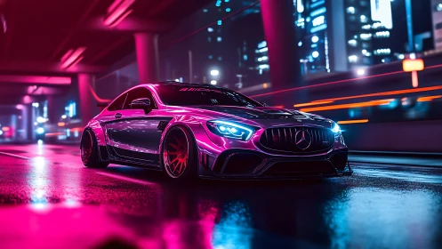 Neon supercar slices through wet cyberpunk city nightscape.