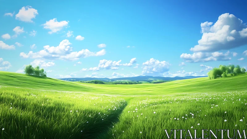 Whispering meadow rolls toward distant blue hills in sunlight