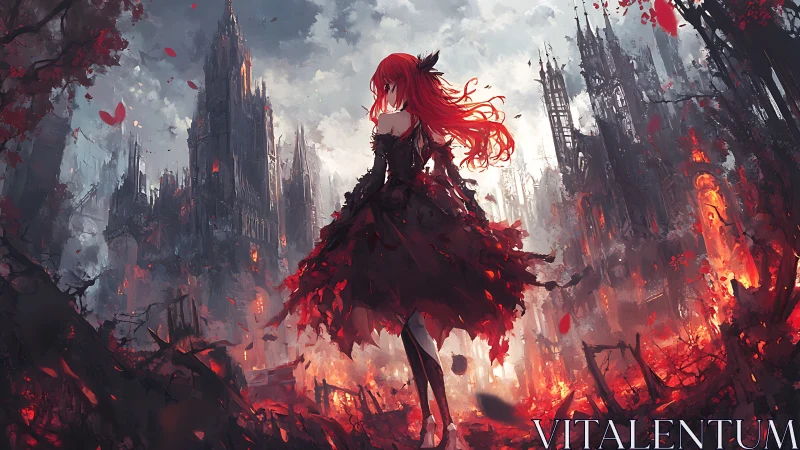 Red-haired figure surveys burning gothic ruins in high-contrast palette