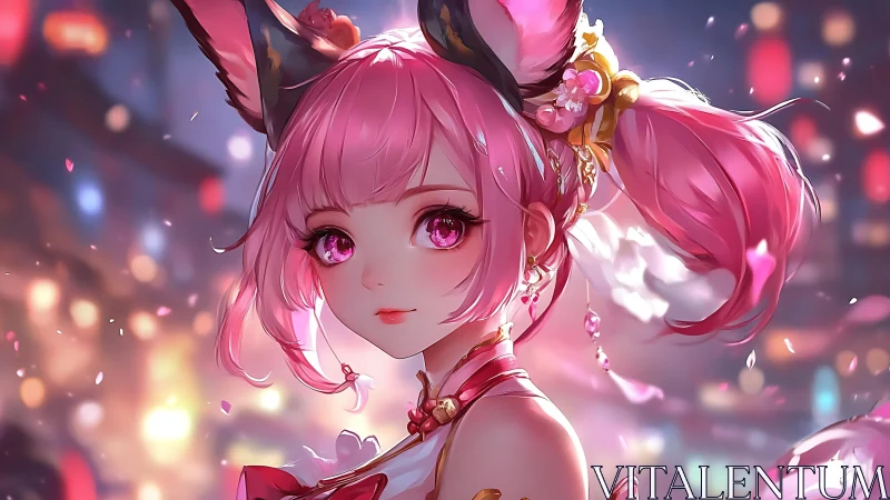 Pink haired fox girl glows softly in a dreamy festival night
