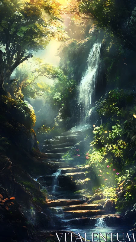 Sunlit Waterfall in Ancient Forest Gorge