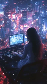 Solitary hacker commands neon city from elevated console.