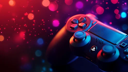 PlayStation controller with neon gaming bokeh background.