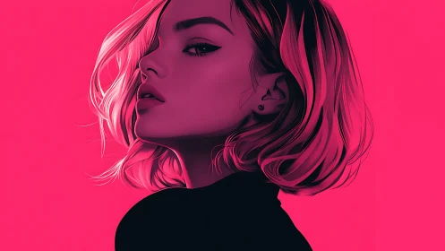 Stylized pink portrait of woman in bold graphic profile.