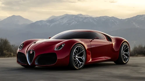 Red supercar concept on mountain highway at sunset.