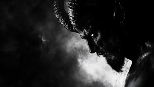 Brooding horned figure emerging from swirling shadowed smoke.
