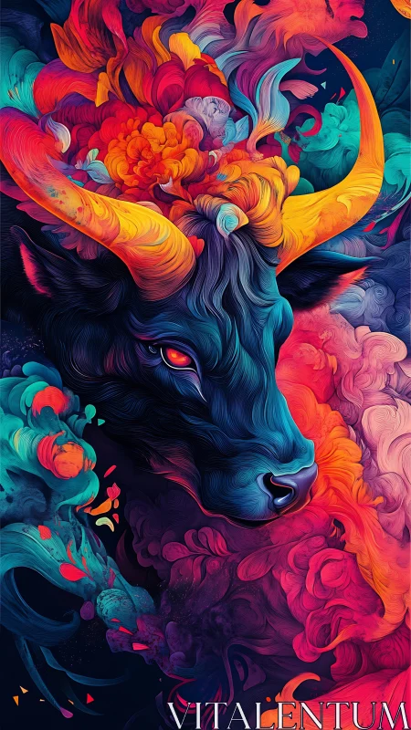Surreal chromatic bull portrait with swirling fluid forms.
