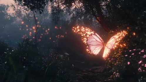 Luminous butterfly spirit ignites a twilight enchanted forest.
