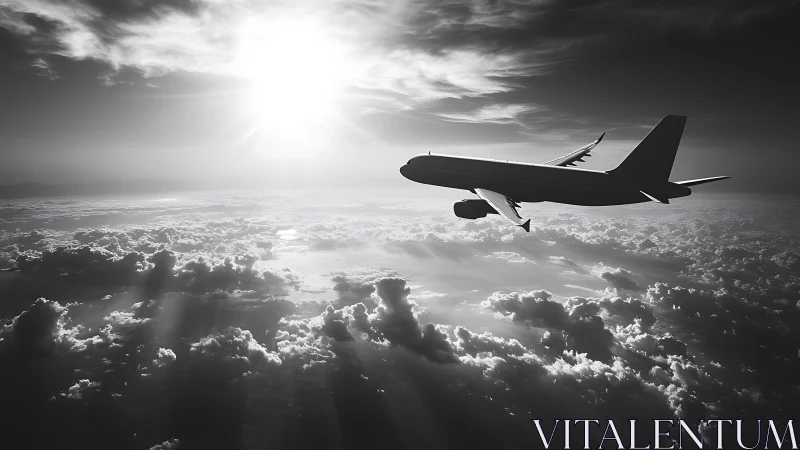 Silver jet sails through sunlit clouds in monochrome skies.