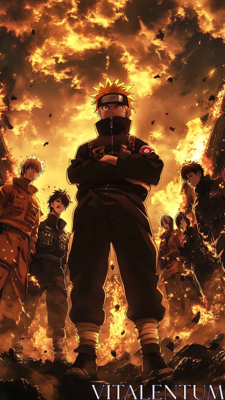 Incendiary squad formation under apocalyptic combustion sky.