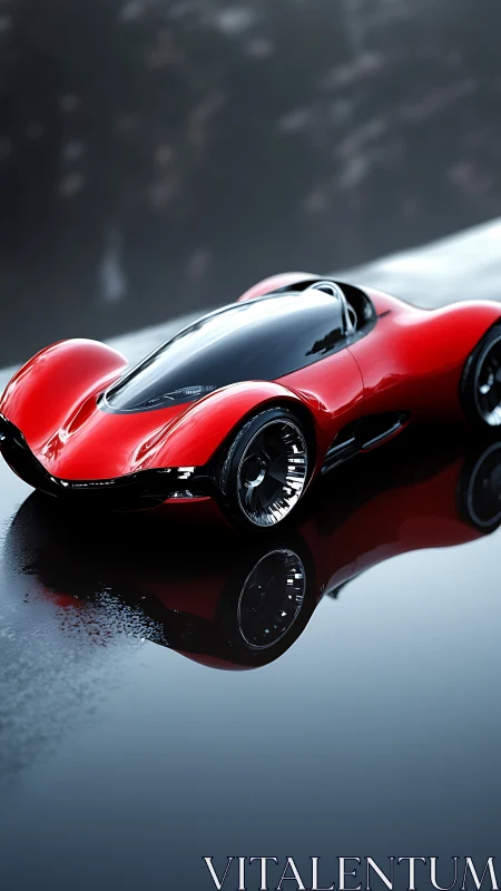 Red futuristic supercar glides across a wet reflective surface
