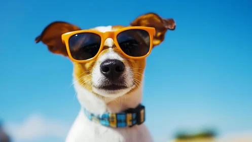 Dog with orange sunglasses under clear blue sky.